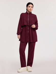 Veilorie 女式休闲纯色拉链夹克和裤子两件套 - 酒紅色 - 查看 4