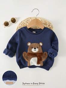 Cozy Pixies Áo nỉ chui đầu cổ tròn tay dài họa tiết gấu hoạt hình cho bé trai, mềm mại, thân thiện với da, đa năng, phong cách tối giản cơ bản, thích hợp mặc trong nhà, ngoài trời, mặc hàng ngày, thể thao, vui chơi, tiệc tùng, chụp ảnh, ngày lễ, thu/đông - Màu xanh hải quân - Xem 3