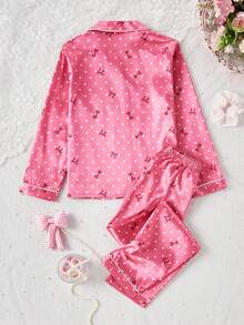 2 Piece Sets Girls Taffeta Bow Print Polka Dot Long Sleeve Top And Pants Pajama Set, Spring/Autumn - Hot Pink - View 2