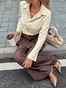 Serisse Women's Elegant Cream White Lace Long Sleeve Button Down Shirt,Autumn Eyelet Blouse With Lace Trim Design,French Style Tea Party Top For Work Commute - Apricot - View 3