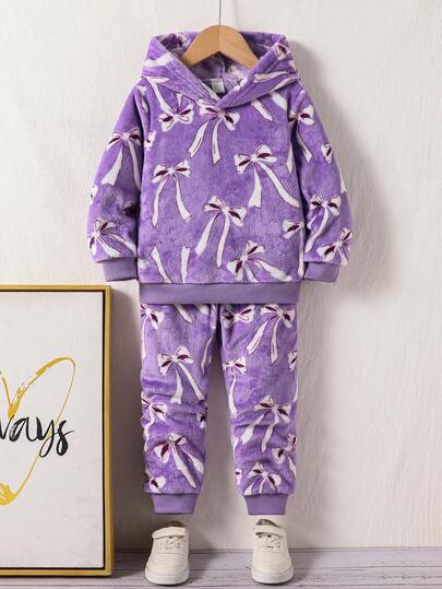 Elladie kids 2pcs/Set Toddler Girls' Autumn/Winter Outfit, Purple Bow Plush Homewear & Casual Wear, Hoodie Sweatshirt Long Sleeve Top Paired With Leggings, Simple Commuting Style