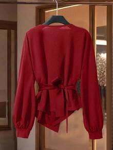SHEIN LUNE 女士休闲V领系带上衣和松紧腰系带裤两件套，优雅秋冬装 - 酒紅色 - 查看 2