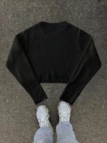 Manfinity Hypemode Fashionable Blogger Design Solid Color Distressed Pullover Long Sleeve Sweater For Men, Autumn/Winter Cropped Sweater Black Crop Top - Black - View 2