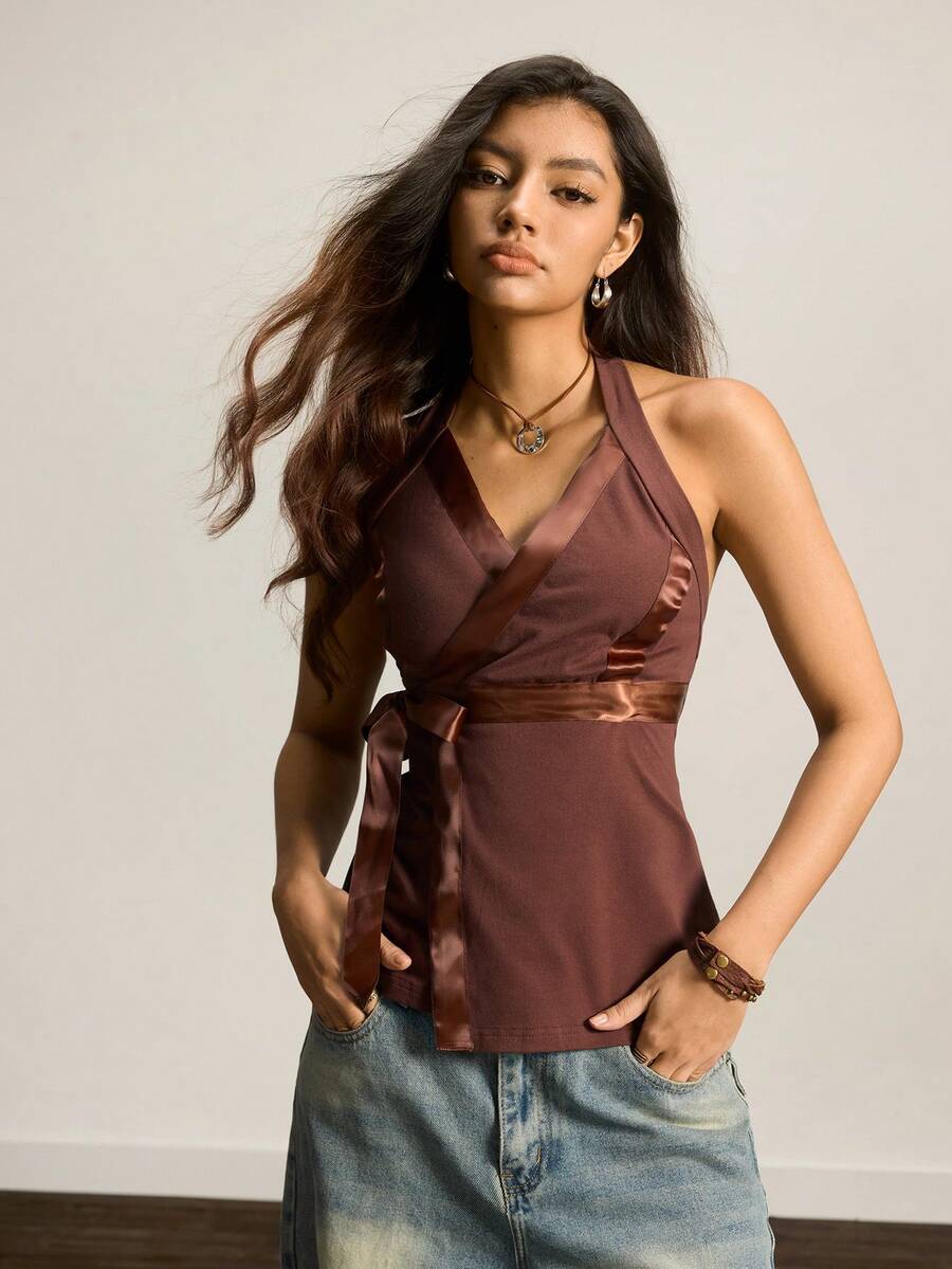 Easelle Women's Cross-Strap Backless Camisole Top For Commuting, Brown, Autumn/Winter Inner Layer, Retro Holiday Style. - Coffee Brown - View 1