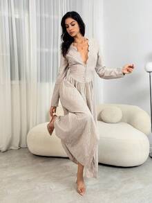 SHEIN Tall 棉麻女士长袖连衣裙，休闲度假连衣裙，V领A字长裙，女士休闲装，女士沙滩装，女士端庄连衣裙，女士春夏连衣裙，女士秋季连衣裙 - 杏色 - 查看 9