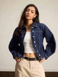 Easelle 女士休闲通勤弯袖牛仔夹克 - 深色水洗藍 - 查看 8