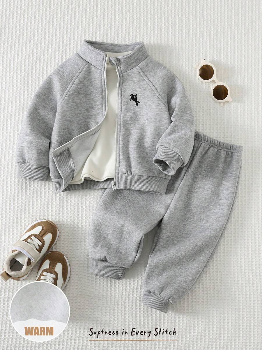 Cozy Pixies 两件套男婴马图案针织柔软拉链连帽衫和弹力腰带束脚裤套装,舒适百搭休闲风,适合室内、室外、日常穿着以及秋冬季运动。 - 灰色 - 查看 1