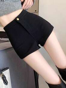 FRIFUL Women's Solid Color Casual Minimalist Design Shorts, Versatile For Daily Wear Carnival - Black - View 2