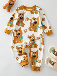 SCOOBY-DOO X SHEIN Baby Boy Cute Cartoon Puppy All-Over Print Crew Neck Long Sleeve Knit Jumpsuit - Multicolor - View 1
