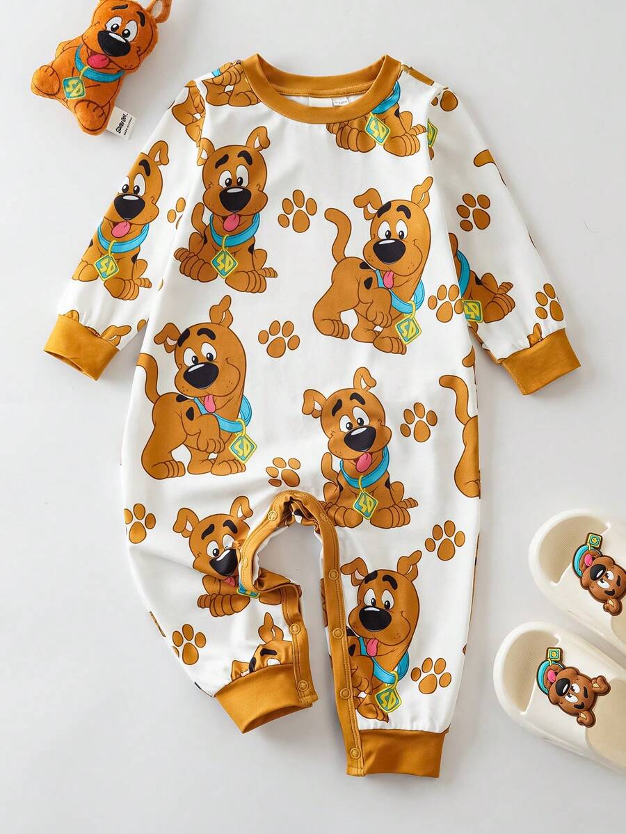 SCOOBY-DOO X SHEIN Baby Boy Cute Cartoon Puppy All-Over Print Crew Neck Long Sleeve Knit Jumpsuit - Multicolor - View 1