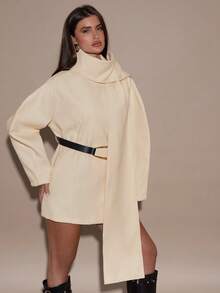 SHEIN BAE 女式纯色长袖时尚高领大衣，秋冬 - 杏色 - 查看 6