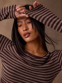 SHEIN BAE Áo thun ngắn tay dài kẻ sọc thường ngày dành cho nữ - Cà phê nâu - Xem 3