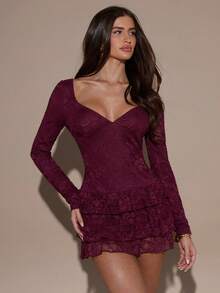 SHEIN BAE 女士时尚甜心领插肩袖修身优雅连衣裙 - 酒紅色 - 查看 6