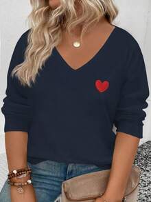 EMERY ROSE Women's Heart Print V-Neck Long Sleeve Plus Size T-Shirt, Popular For Autumn/Winter - Navy Blue - View 1