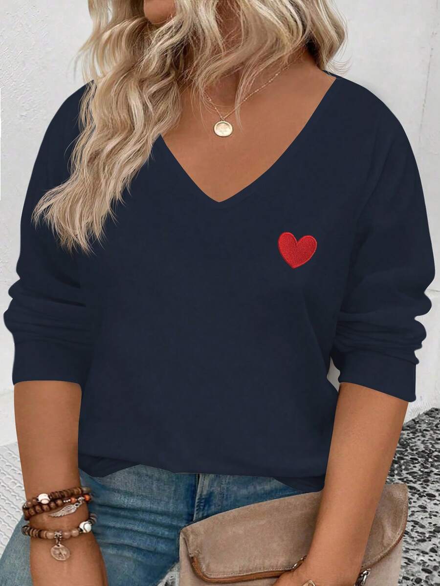 EMERY ROSE Women's Heart Print V-Neck Long Sleeve Plus Size T-Shirt, Popular For Autumn/Winter - Navy Blue - View 1