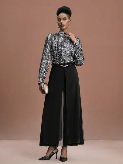 JIAN LASALA 斑马纹高领褶裥宽松露肩上衣，女士秋季休闲亮片印花上衣，优雅女士工作上衣，蛇纹印花上衣