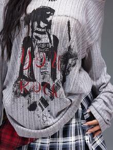 Bloopia Women's Fashion Punk Print Loose Dropped Shoulder Top - Grey - View 7