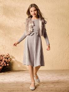 Tween Girls Elegant Faux Fur Sleeveless Gray Top With Cute Bow, Gray Cap Sleeve Round Neck Waist Cute Bow Dress 2-Piece Top Set - Apricot - View 3