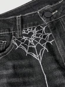 ROMWE Quần jeans cỡ lớn kiểu Gothic thêu mạng nhện, màu xanh đậm cổ điển - màu đen - Xem 3