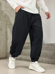 Manfinity Homme Plus Size Solid Color Loose Casual Cargo Pants With Pockets - Black - View 4