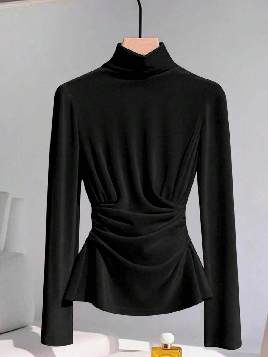 GlowEve 女式高领长袖褶皱腰修身休闲针织 T 恤，优雅时尚，春夏 - 黑色 - 查看 1
