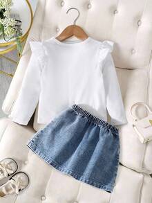 Girls Light Pink Autumn School Casual Cute Bow Print Flutter Sleeve T-Shirt & High Waist Embroidery Denim Skirt Set,Suitable For All Seasons - White - View 2