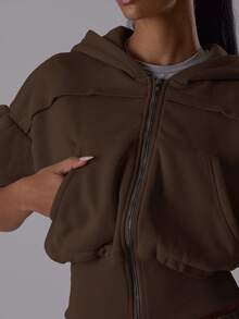 MUSERA Cropped Cinched Waist Short Balloon Sleeve Exposed Seam Detail Hooded Sweatshirt Co-Ord Top Only Classy Night Out Sexy Cute Cool-Girl Streetwear Dawn - Chocolate Brown - View 2