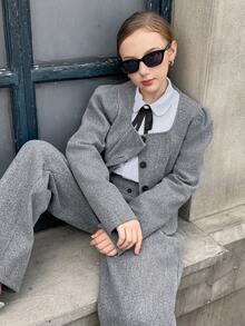 SHEIN Explorewe 两件套少女纯色羊毛短外套（翻领收腰设计）+阔腿裤套装，法式休闲时尚风格，适合秋冬季日常休闲、通勤和度假穿着。 - 深灰色 - 查看 1