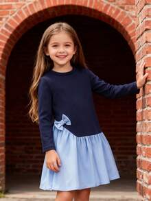 SHEIN Elladie kids Young Girl Color-Block Round Neck Long Sleeve Bow Decor Cute Dress For Autumn - Blue - View 1