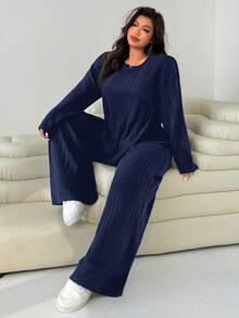 Solflare Navy Blue Plus Size Women's Crew Neck Long Sleeve Ribbed T-Shirt And Wide Leg Pants Casual 2-Piece Set,Smart Casual Everyday Autumn Chic Outfit,Fall - Navy Blue - View 5