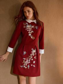 MOTF PREMIUM FLORAL EMBROIDERY CONTRAST TRIM SHORT DRESS - Red - View 6