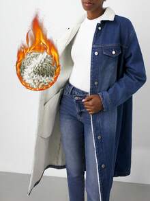 Maija Women's Blue Extended Denim Jacket, Lambswool Long Coat, Classic Winter Warm Wear