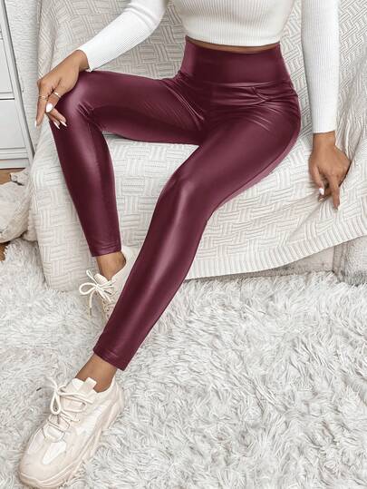 SHEIN Essnce Dammode Casual Högmidjade Långa PU-leggings