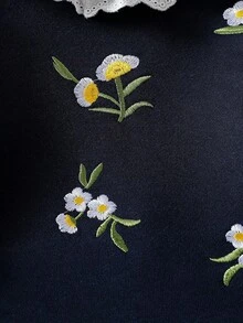 SHEIN 2pcs/Set Toddler White Lace Collar Embroidered Long Sleeve Top And Navy Blue Pants Sweatsuit, Casual Outfit Suitable For Daily Wear, Spring/Autumn, Christmas - Navy Blue - View 4