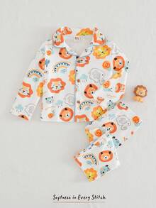 Cozy Pixies 2件套男婴卡通动物印花撞色领长袖开衫和松紧腰裤套装 - 紅色 - 查看 6