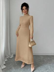 Elenzga 女式纯色高领独特设计修身腰部优雅休闲长袖针织毛衣裙，适合秋冬季 - 杏色 - 查看 4