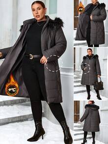 SHEIN Clasi Curvy Plus Size Women's Long Hooded Quilted Padded Coat, Detachable Warm Fur Collar Zipper Coat With Pockets, Plain Grey, Winter, Casual, Hiking, 2025 New - Olive Green - View 1
