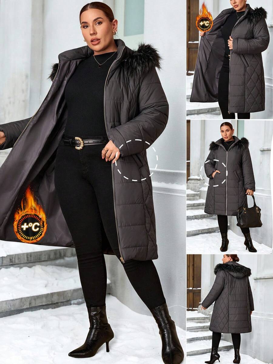 SHEIN Clasi Curvy Plus Size Women's Long Hooded Quilted Padded Coat, Detachable Warm Fur Collar Zipper Coat With Pockets, Plain Grey, Winter, Casual, Hiking, 2025 New - Olive Green - View 1