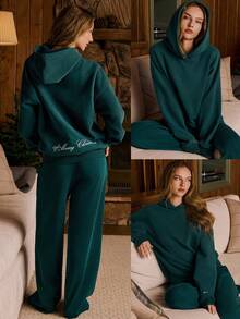 GLOWMODE Very Merry Heavyweight Fleece Soft Plush Relaxed Embroidered Hoodie Holiday Christmas Autumn Winter Outdoors Daily Casual Wear - 墨綠色 - 查看 8