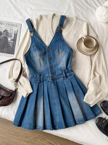 Comfortcana 女士纽扣半开襟褶裥下摆休闲牛仔背带裙，休闲女士牛仔褶裥迷你连衣裙，配有可调节肩带，V领无袖纽扣牛仔背带裙，适合日常穿着，女士冬季服装，圣诞节服装，新年连衣裙，优雅连衣裙，棕色牛仔裤 - 中等水洗藍 - 查看 7