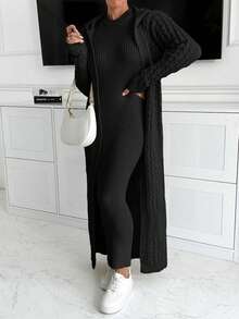 SHEIN Cottnline طقم كارديجان وفستان كنزة ماكسي مع كابوشون - الأسود - مشاهدة 7