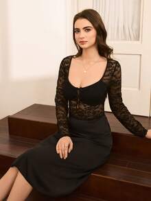 Moireta Élégante et sexy Robe de nuit en dentelle de haute qualité avec nœud papillon, convient pour le loungewear, la robe de nuit en dentelle, la lingerie de nuit, la robe de nuit sexy noire, la robe de nuit noire, hiver - Noir - Voir 3