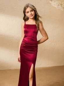 少女优雅简约时尚吊带无袖收腰长款开衩褶裥修身纯色缎面亮面酒红色连衣裙，适合正式场合、派对、生日等。 - 酒紅色 - 查看 1