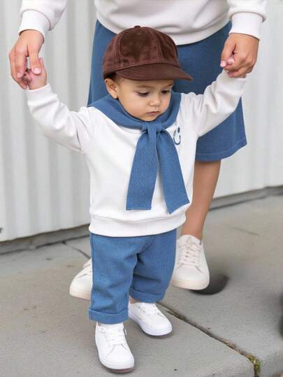 TaviRue 3pcs Baby/Toddler Cute Smiling Face Print Top, White Top, And Elastic Waist Pants Outfit Set, Suitable For Birthday Party, Evening Event, Performance, Wedding, Back To School