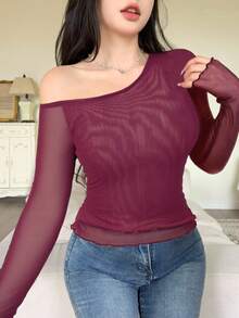 Modelyn Women's Solid Color Mesh Patchwork Oblique Shoulder Ruched Minimalist T-Shirts - Burgundy - View 1
