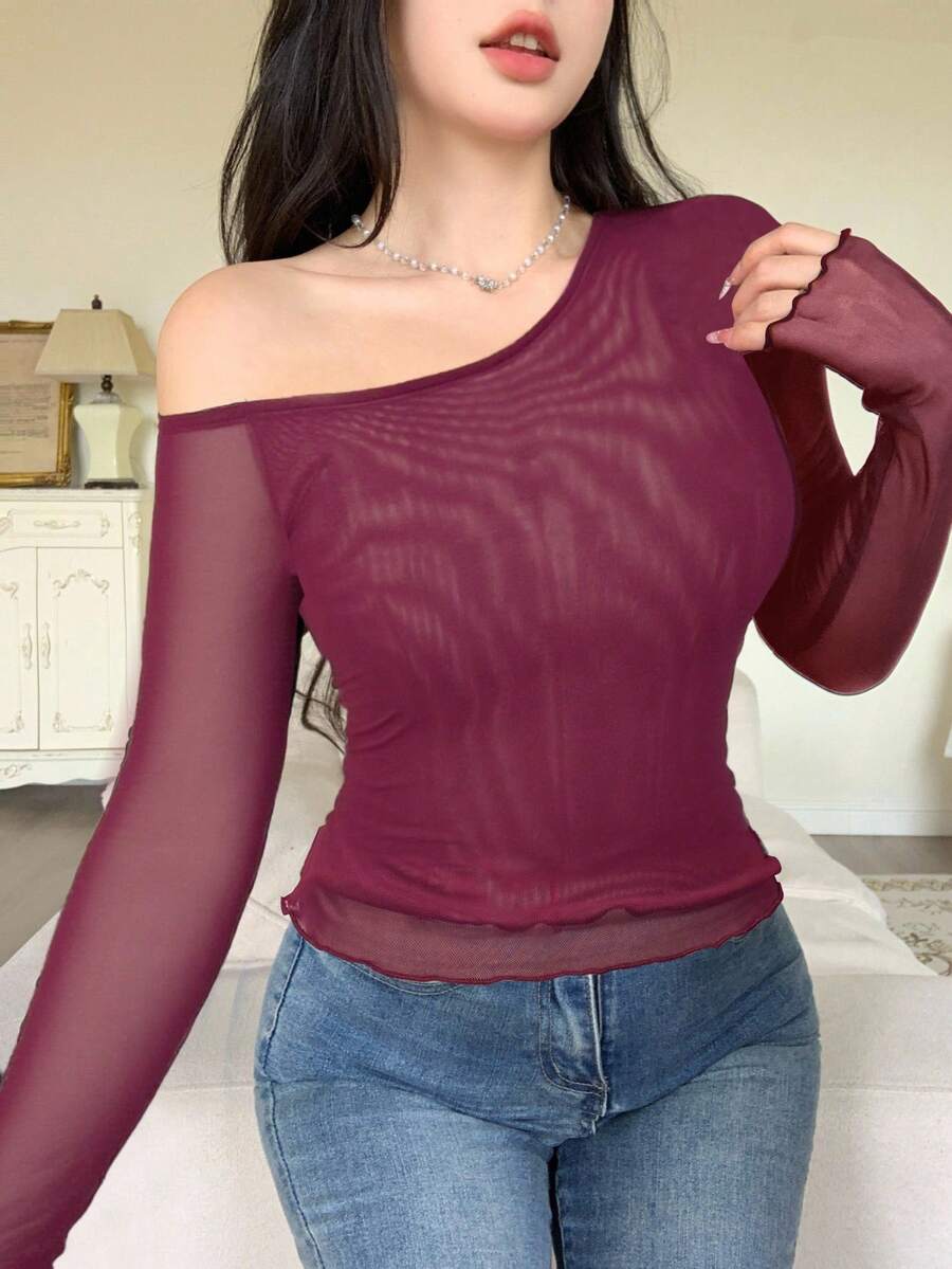 Modelyn Women's Solid Color Mesh Patchwork Oblique Shoulder Ruched Minimalist T-Shirts - Burgundy - View 1
