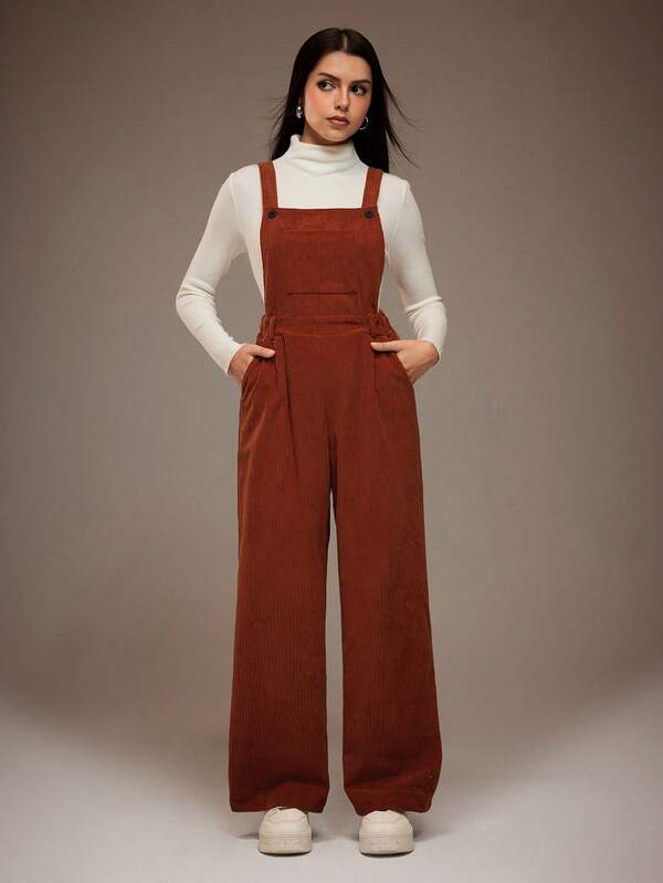 Teen Girls' Rust Brown Corduroy Overalls By ROMWEEZY - High-Waisted Wide-Leg Jumpsuit, Vintage-Inspired Design, Soft Textured Fabric, Elegant Casual Style, Ideal For Fall/Winter Daily & Street Wear, Fashionable Outfit For Teen Girls