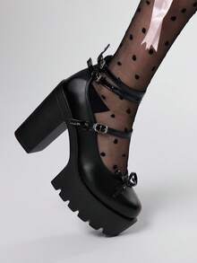 Kawaii 紫色高跟封闭式粗跟玛丽珍鞋，防水台，多带设计，女士派对正装鞋 - 黑色 - 查看 3