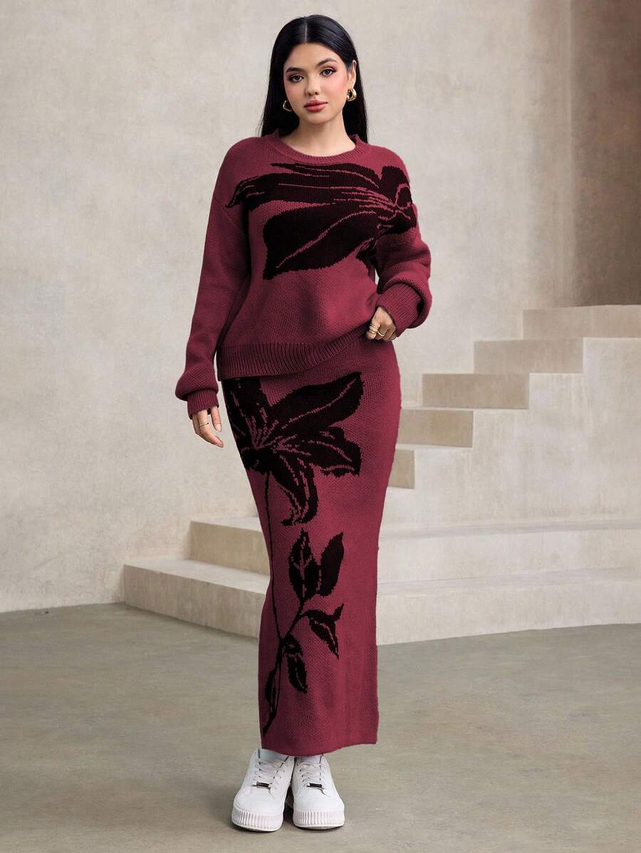 Modelyn 女士花卉图案针织毛衣和半裙两件套,时尚秋冬装 - 酒紅色 - 查看 1