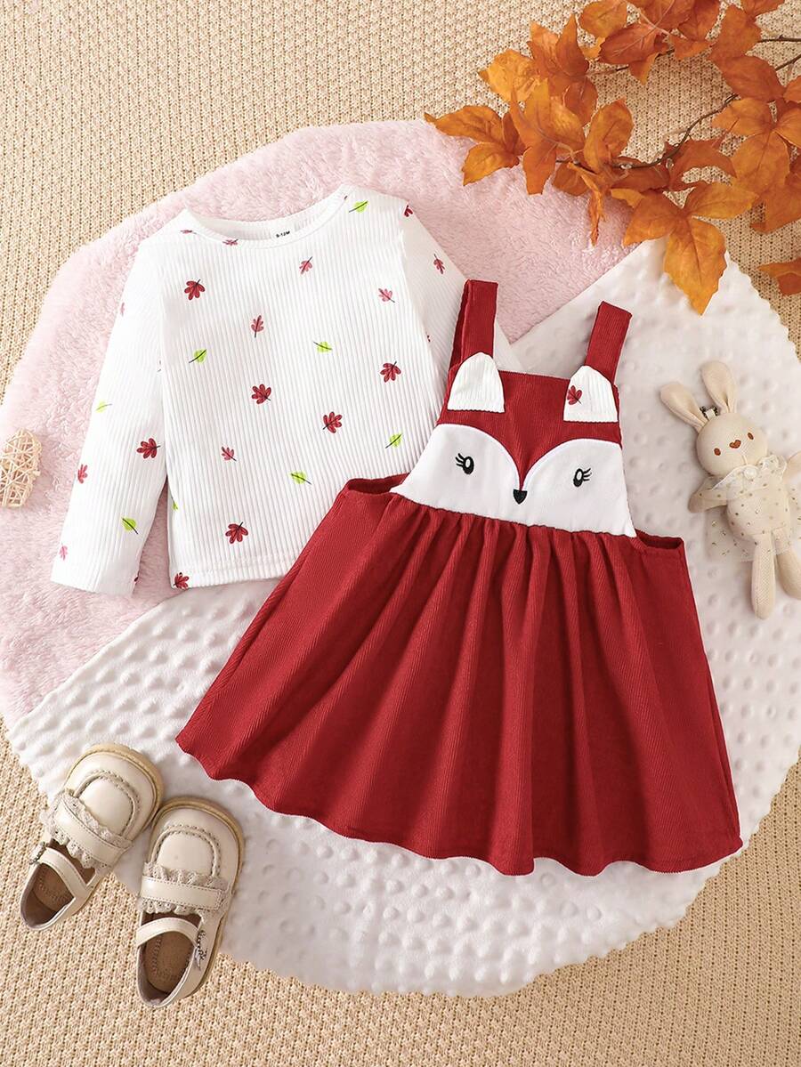 Baby Girl Leaf Print Top And Dress Set - Red - View 1